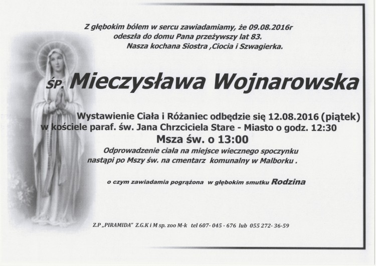 Zmarła Mieczysława Wojnarowska. Żyła 83 lata.