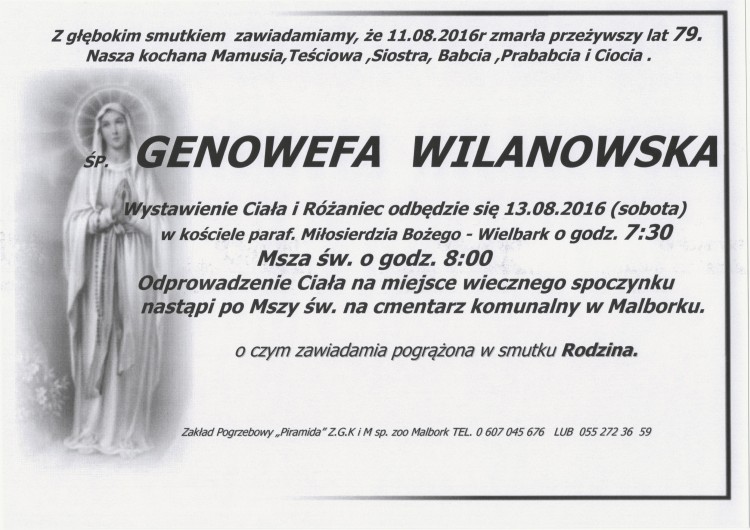 Zmarła Genowefa Wilanowska. Żyła 79 lat.