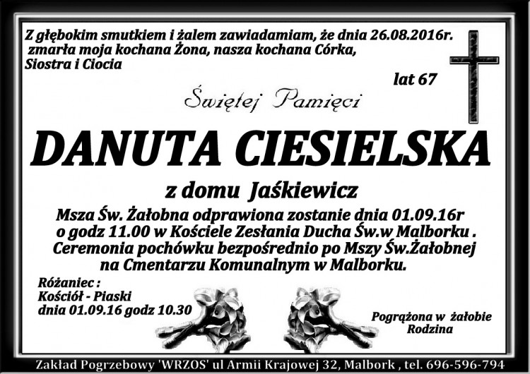 Zmarła Danuta Ciesielska. żyła 67 lat.