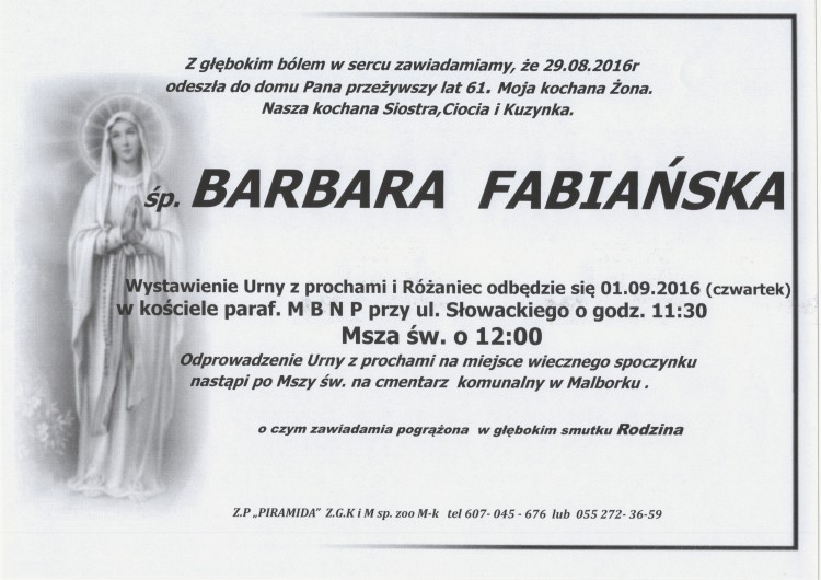Zmarła Barbara Fabiańska. Żyła 61 lat.