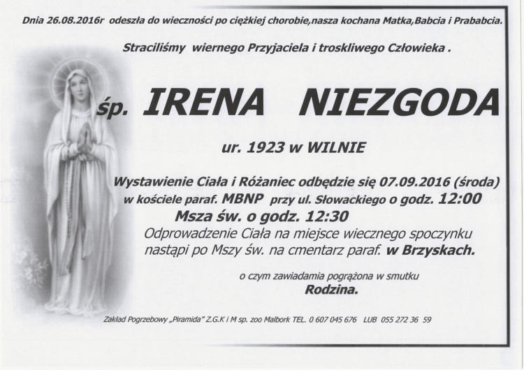 Zmarła Irena Niezgoda. Żyła 93 lata.