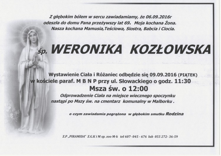 Zmarła Weronika Kozłowska. Żyła 69 lat.