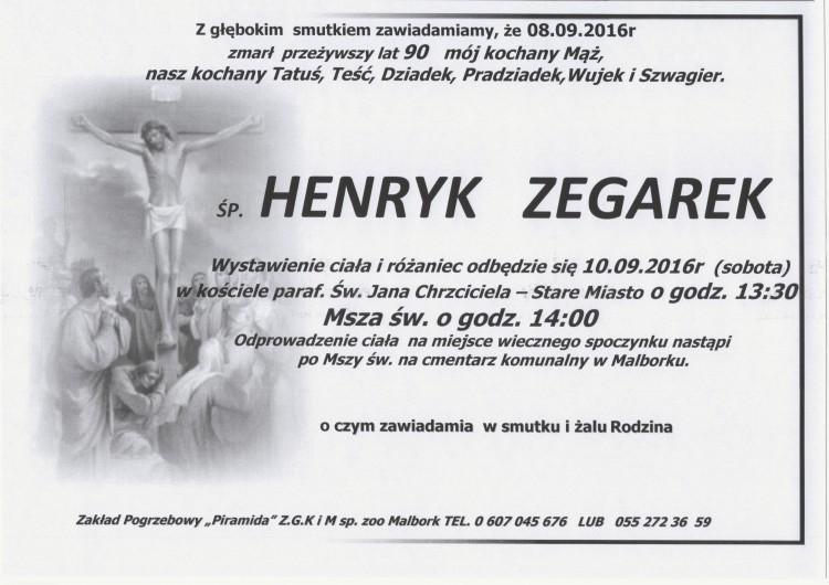 Zmarł Henryk Zegarek. Żył 90 lat.
