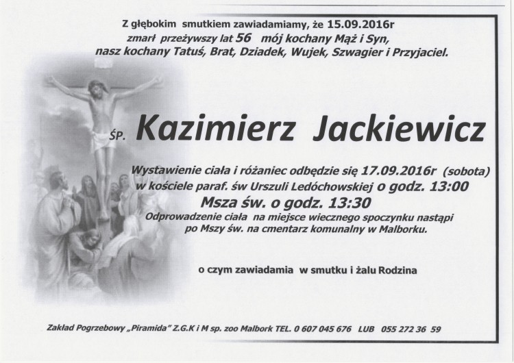 Zmarł Kazimierz Jackiewicz. Żył 56 lat.