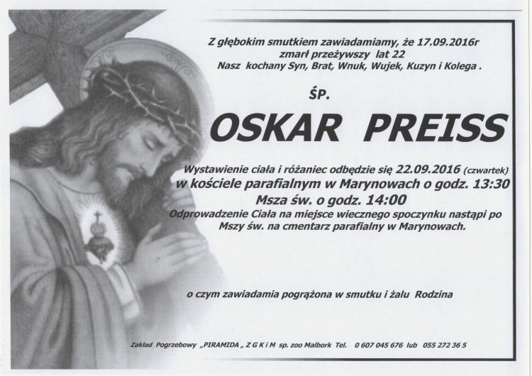 Zmarł Oskar Preiss. Żył 22 lata.