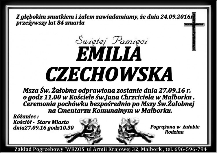 Zmarła Emilia Czechowska. Żyła 84 lata.