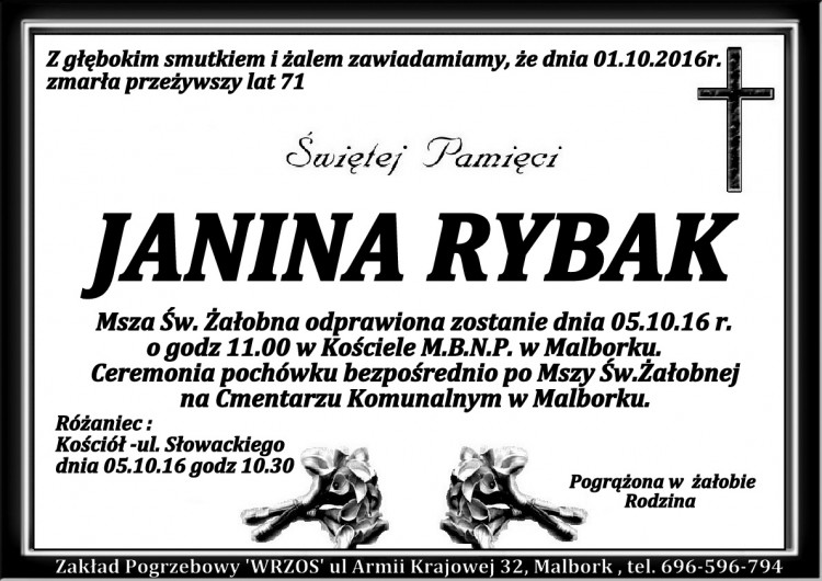 Zmarła Janina Rybak. Żyła 71 lat.