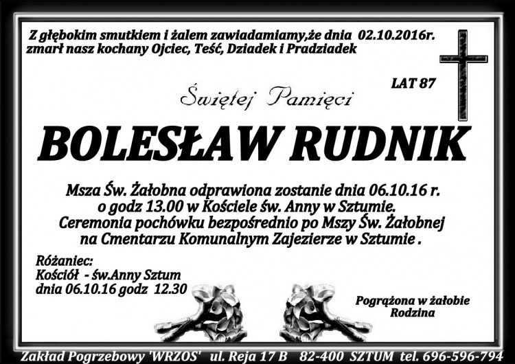 Zmarł Bolesław Rudnik. Żył 87 lat.