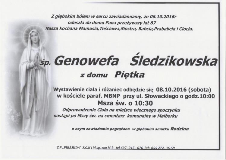 Zmarła Genowefa Śledzikowska. Żyła 87 lat.