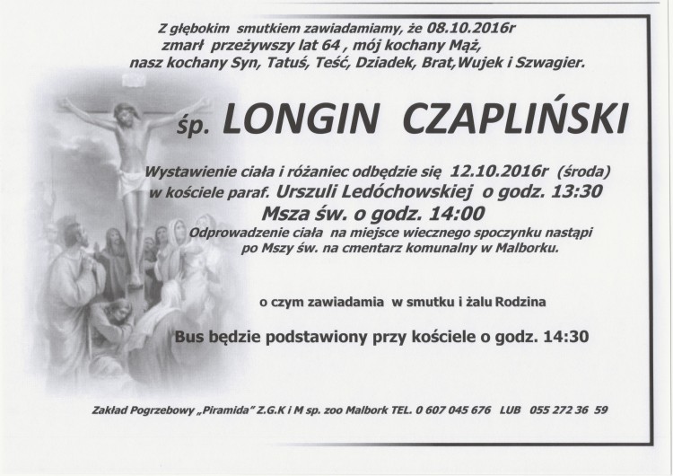 Zmarł Longin Czapliński. Żył 64 lata.
