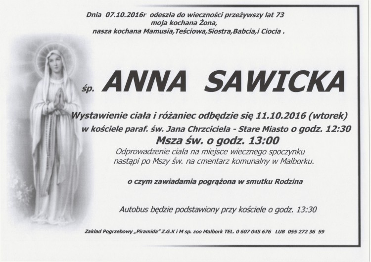 Zmarła Anna Sawicka. Żyła 73 lata.
