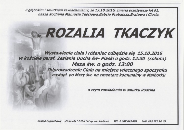Zmarła Rozalia Tkaczyk. Żyła 91 lat.