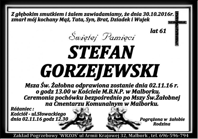 Zmarł Stefan Gorzejewski. Żył 61 lat. 