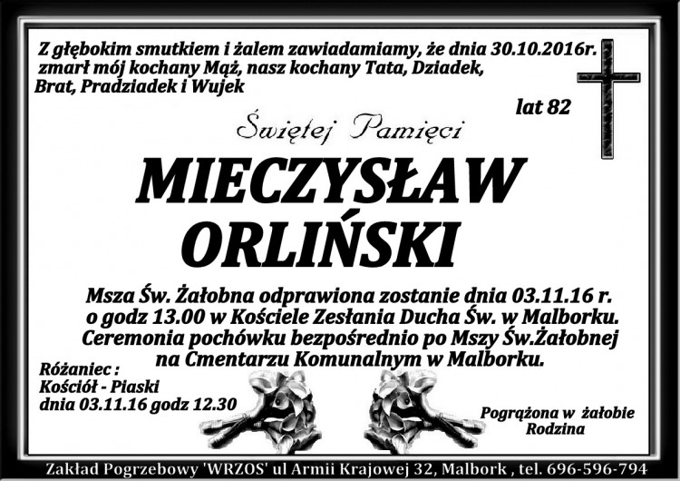 Zmarł Mieczysław Orliński. Żył 82 lat. 