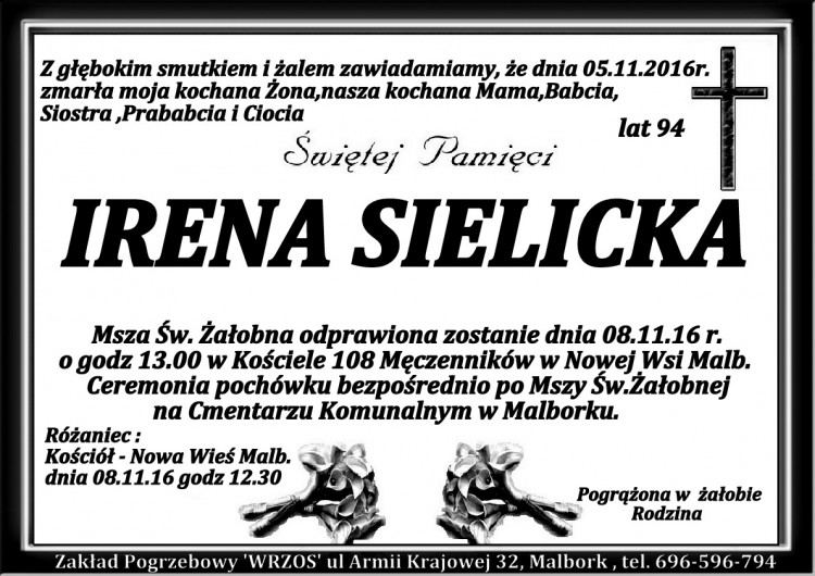 Zmarła Irena Sielicka. Żyła 94 lata.