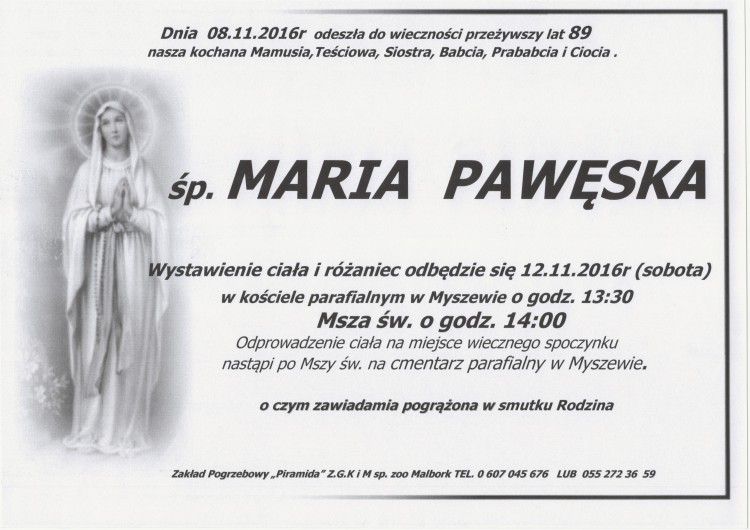 Zmarła Maria Pawęska. Żyła 89 lat.