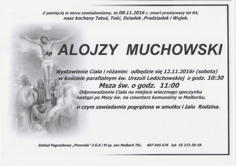 Zmarł Alojzy Muchowski. Żył 84 lata.