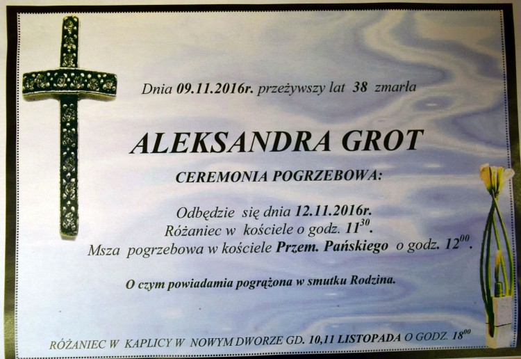 Zmarła Aleksandra Grot. Żyła 38 lat.