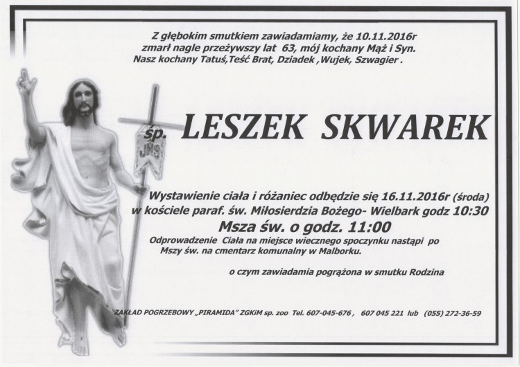 Zmarł Leszek Skwarek. Żył 63 lata.