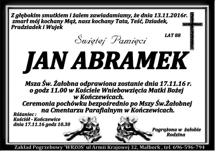 Zmarł Jan Abramek. Żył 88 lat.