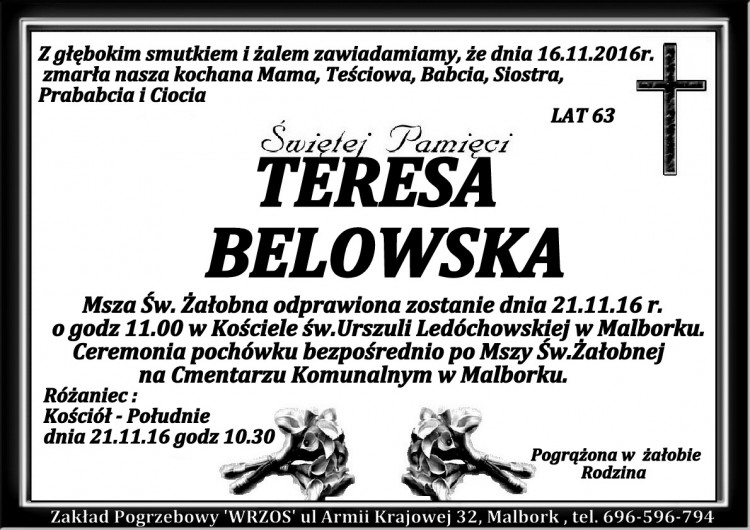 Zmarła Teresa Belowska. Żyła 63 lata.