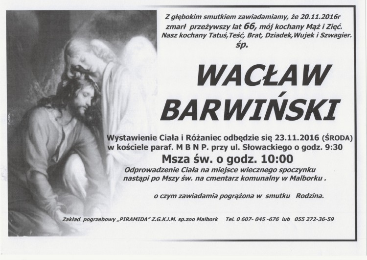 Zmarł Wacław Barwiński. Żył 66 lat.