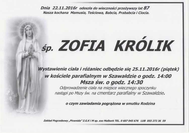 Zmarła Zofia Królik. Żyła 87 lat.