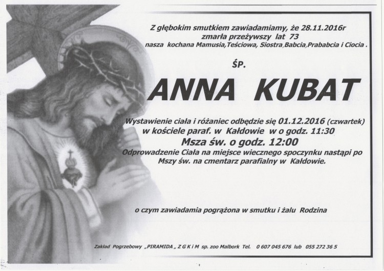 Zmarła Anna Kubat. Żyła 73 lata.