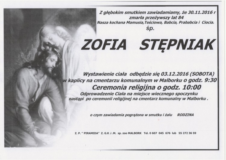Zmarła Zofia Stępniak. Żyła 84 lata.
