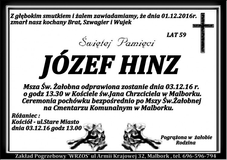 Zmarł Józef Hinz. Żył 59 lat.