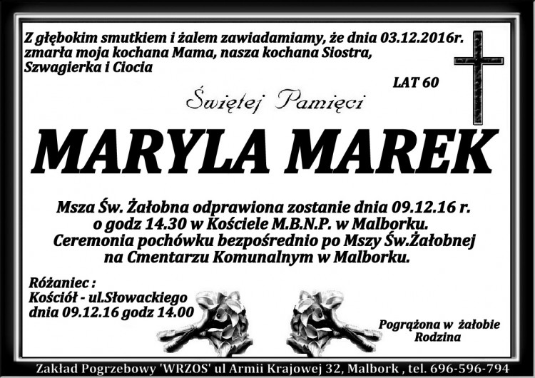 Zmarła Maryla Marek. Żyła 60 lat.