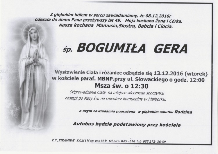Zmarła Bogumiła Gera. Żyła 49 lat.
