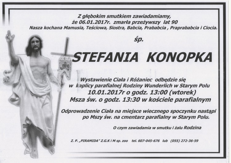 Zmarła Stefania Konopka. Żyła 90 lat.