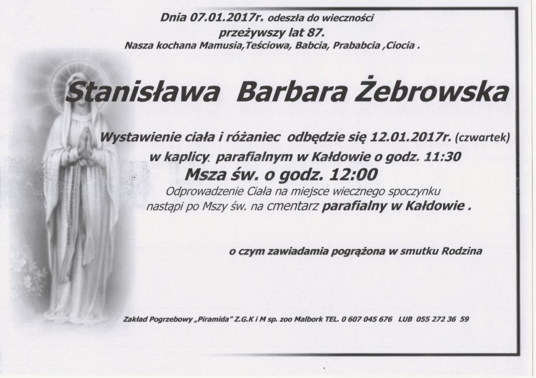 Zmarła Stanisława Barbara Żebrowska. Żyła 87 lat.