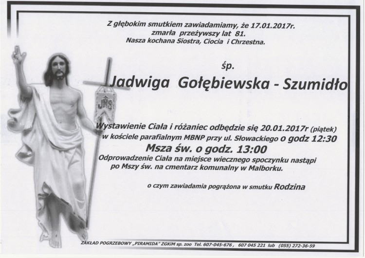 Zmarła Jadwiga Gołębiewska - Szumidło. Żyła 81 lat.