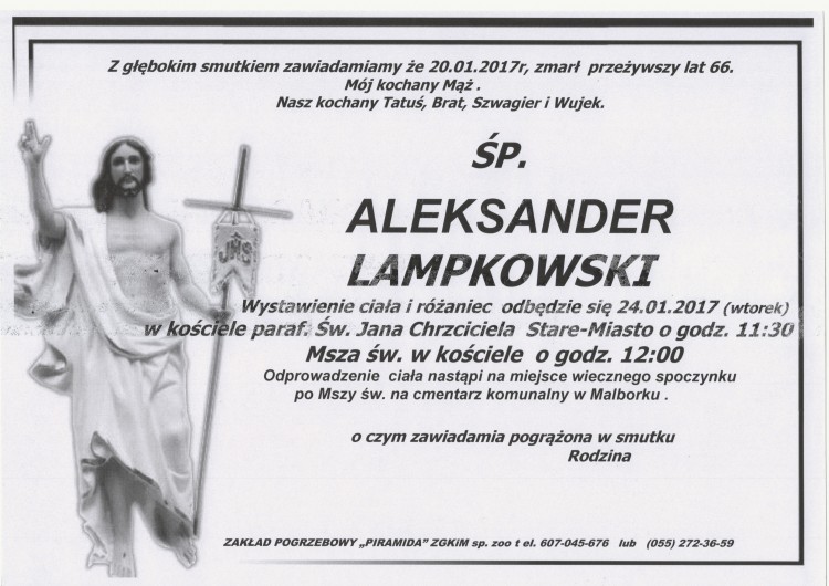 Zmarł Aleksander Lampkowski. Żył 66 lat.