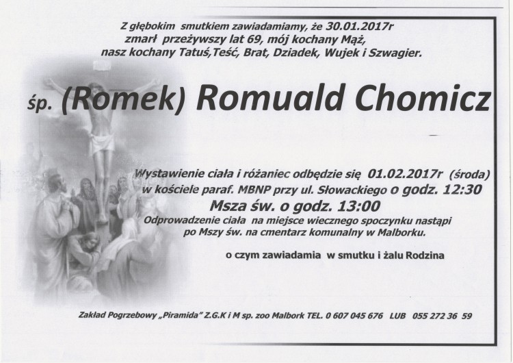 Zmarł (Romek) Romuald Chomicz. Żył 69 lat.