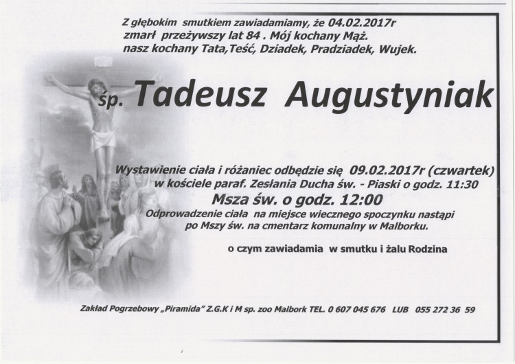 Zmarł Tadeusz Augustyniak. Żył 84 lata.