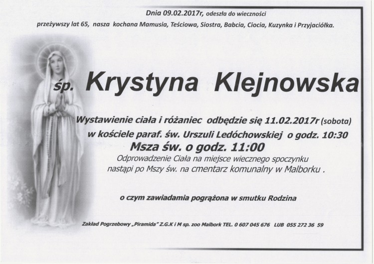 Zmarła Krystyna Klejnowska. Żyła 65 lat.