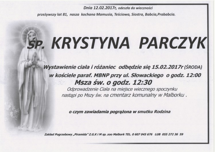 Zmarła Krystyna Parczyk. Żyła 81 lat.