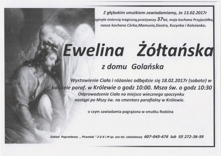 Zmarła Ewelina Żółtańska z domu Golańska. Żyła 37 lat.