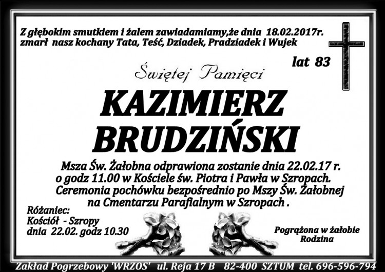 Zmarł Kazimierz Brudziński. Żył 83 lata.