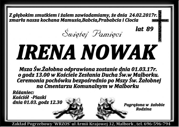 Zmarła Irena Nowak. Żyła 89 lat.