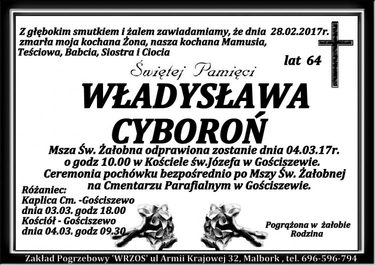 Zmarła Władysława Cyboroń. Żyła 64 lata.