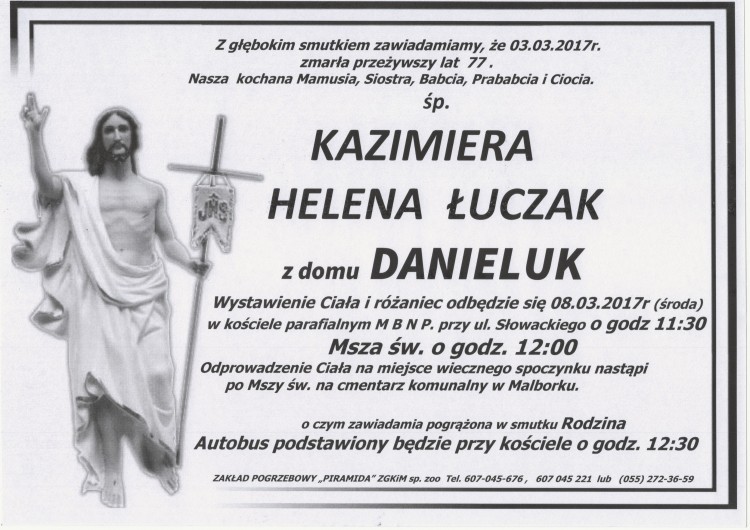 Zmarła Kazimiera Helena Łuczak. Żyła 77 lat.