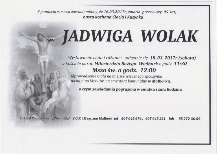 Zmarła Jadwiga Wolak. Żyła 95 lat.