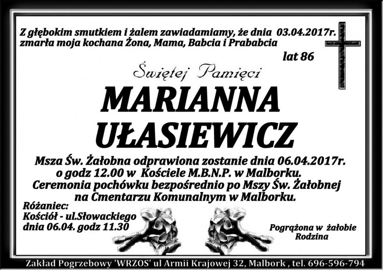 Zmarła Marianna Ułasiewicz. Żyła 86 lat.
