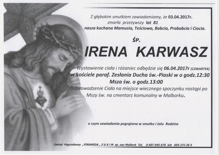 Zmarła Irena Karwasz. Żyła 81 lat.
