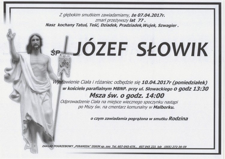 Zmarł Józef Słowik. Żył 77 lat.