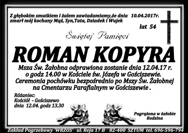 Zmarł Roman Kopyra. Żył 54 lata.